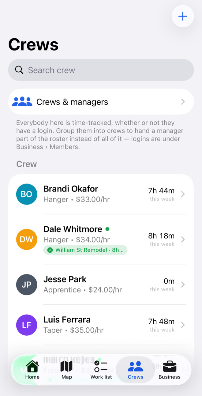 The crew list showing each person's trade, hourly rate and hours this week