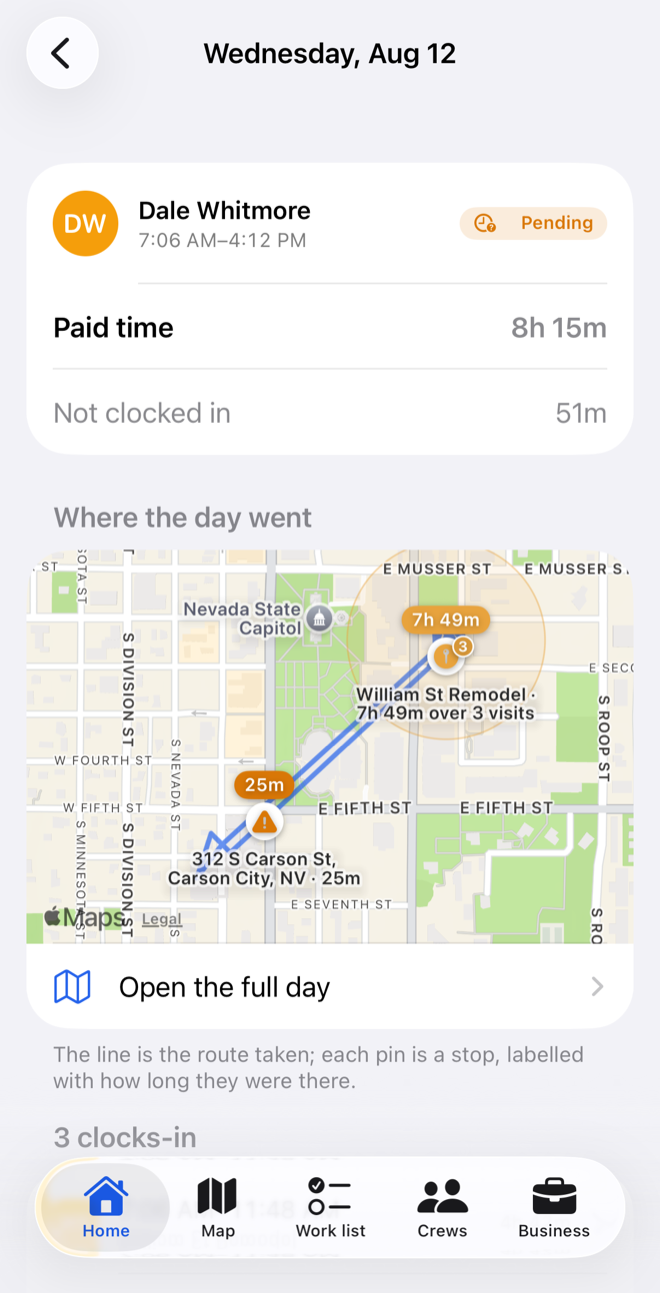 A recorded day showing the route taken, a job site visited three times, and a 25-minute stop flagged as unrecognised